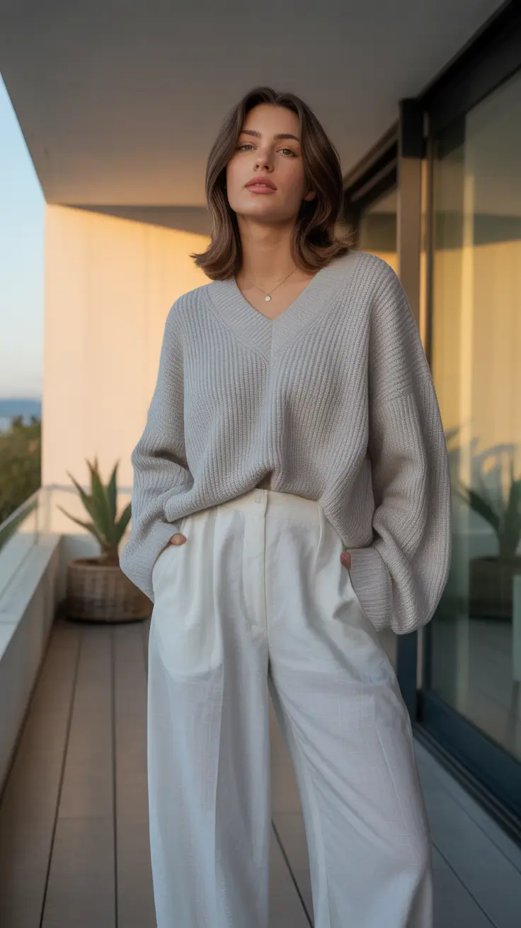 elegant gray sweater white pants comfy outfit