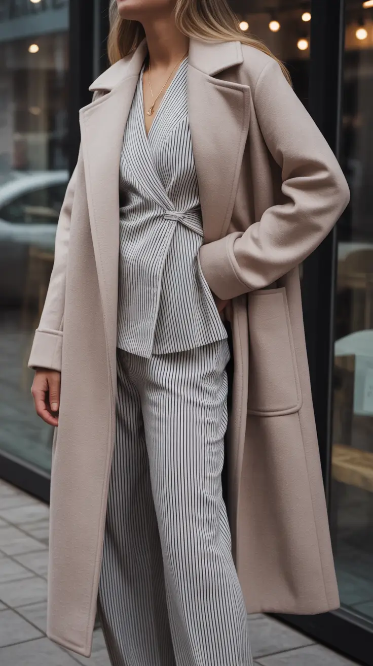 elegant striped layers beige coat comfy outfit