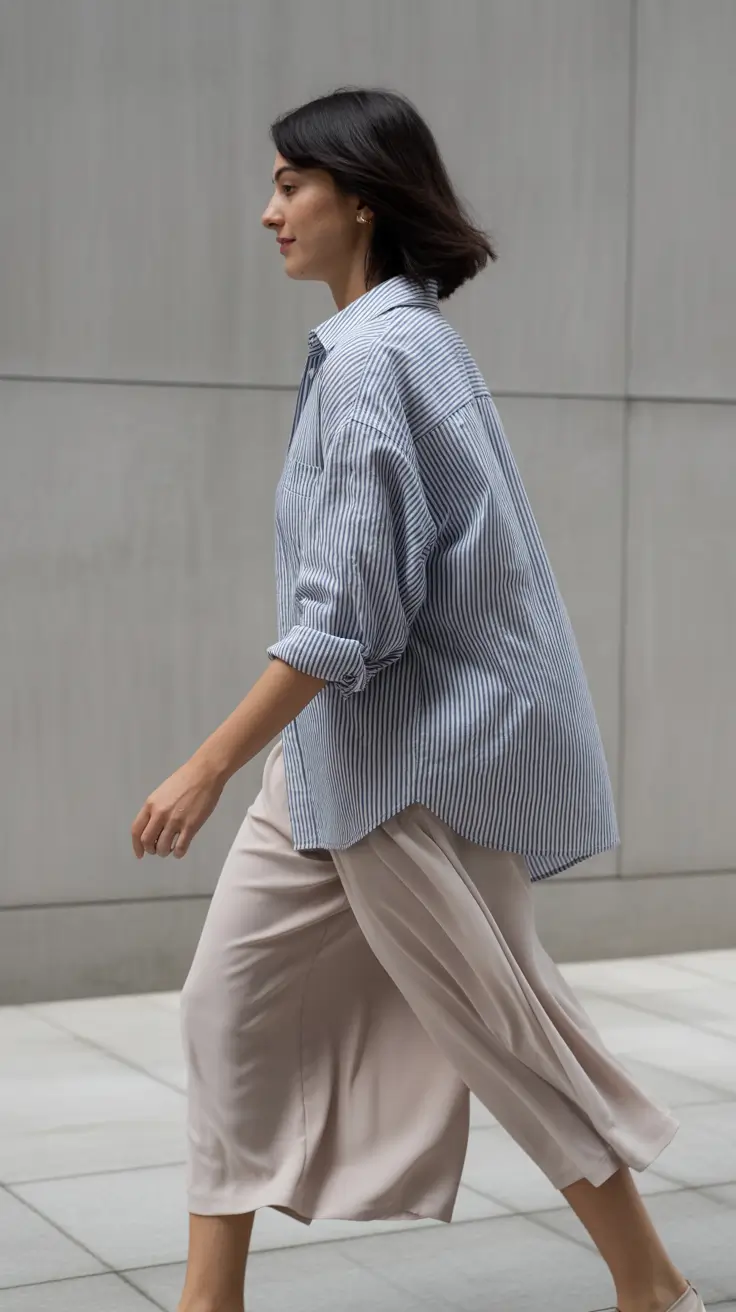 casual blue stripes blush culottes comfy outfit