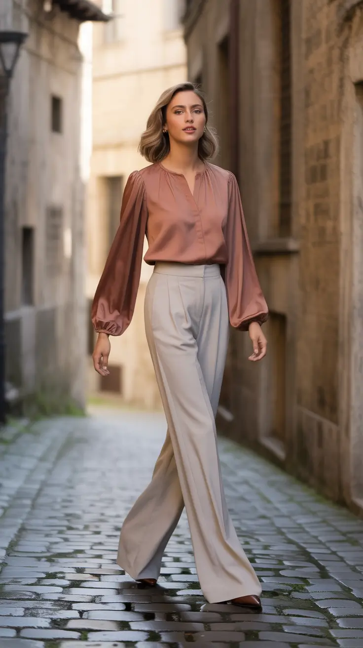 elegant rose blouse cream pants comfy outfit