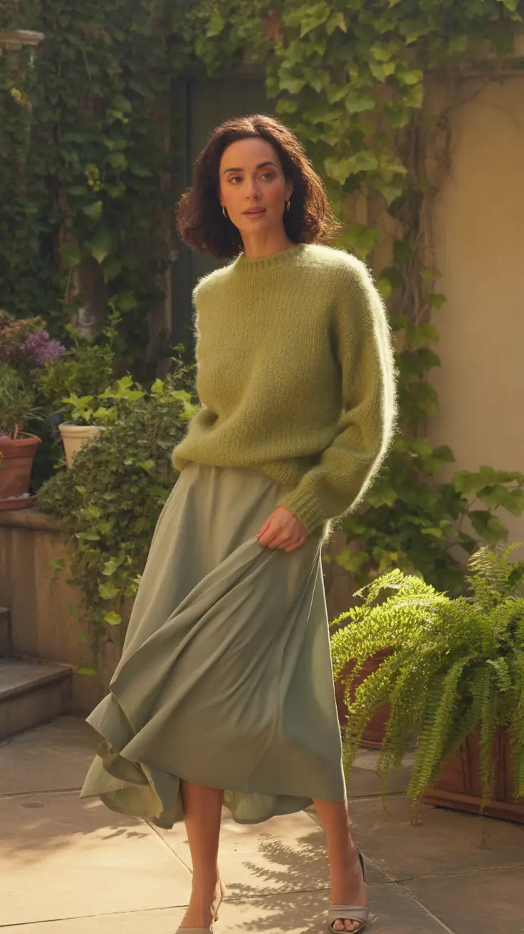 cozy soft green sweater flowy skirt comfy outfit