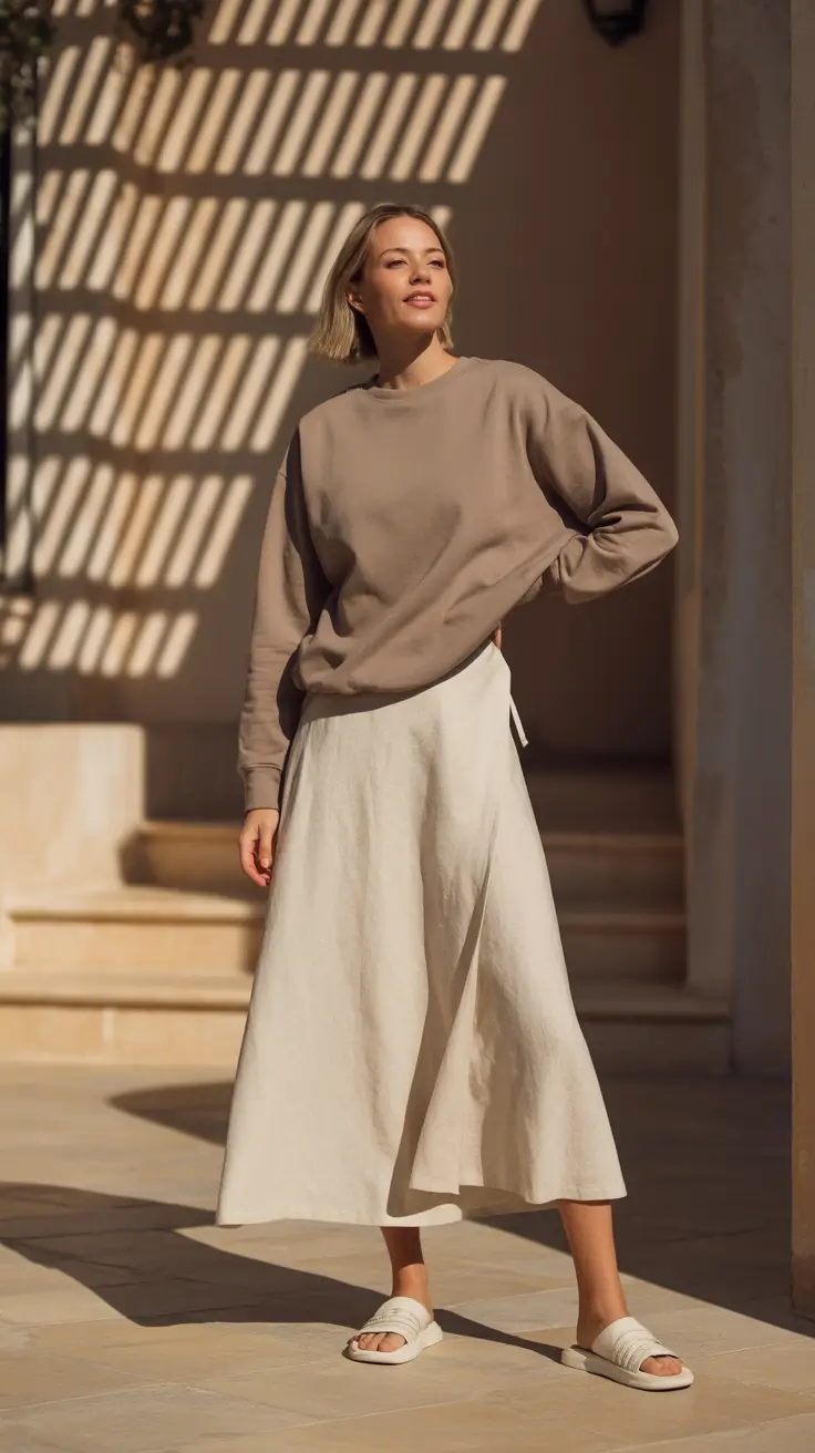 classy beige sweatshirt cream skirt comfy outfit