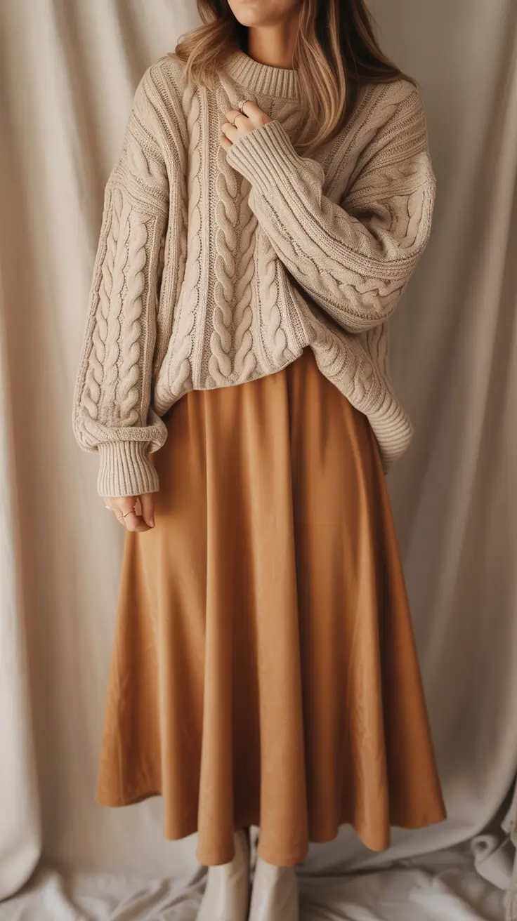 cozy cable knit sweater caramel skirt comfy outfit