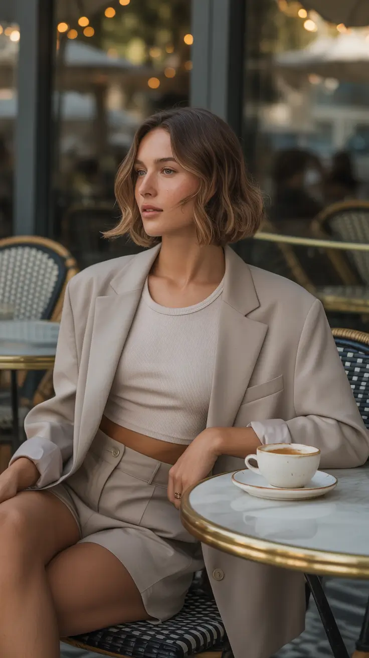 chic neutral suit cafe look comfy outfit