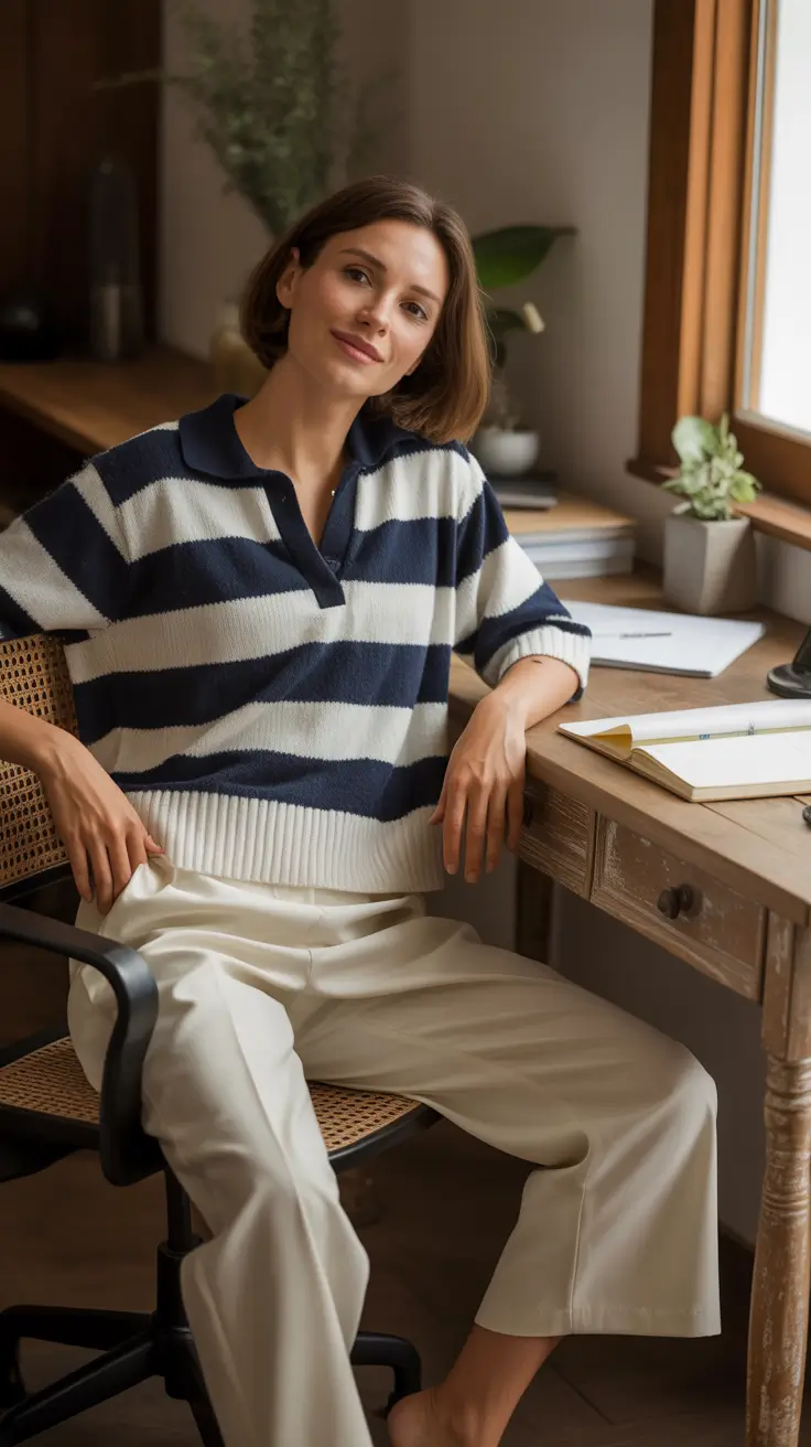 school lazy days striped polo cream trousers comfy outfit