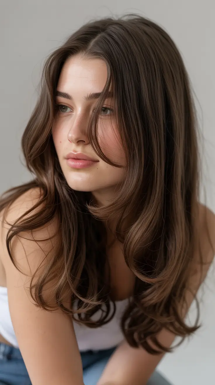 dark brown hair color 2026 Soft Cinnamon Brunette Layers