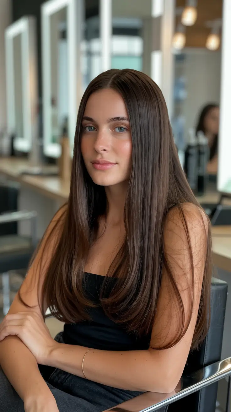 dark brown hair color 2026 Classic Glossy Straight Brunette
