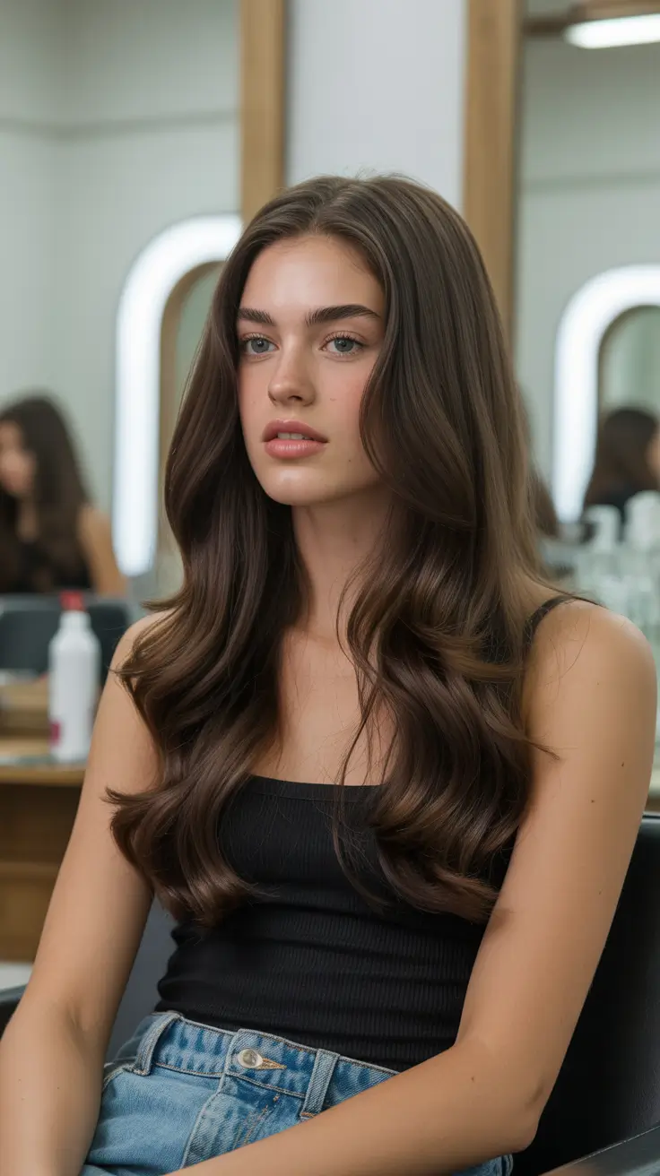 dark brown hair color 2026 Classic Long Brunette with Volume