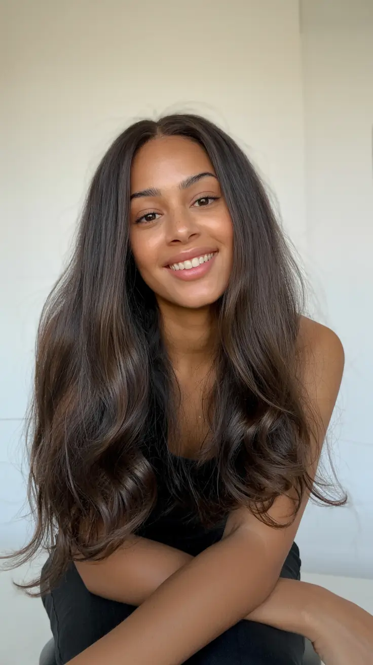 dark brown hair color 2026 Glossy Walnut Layers on Brown Skin