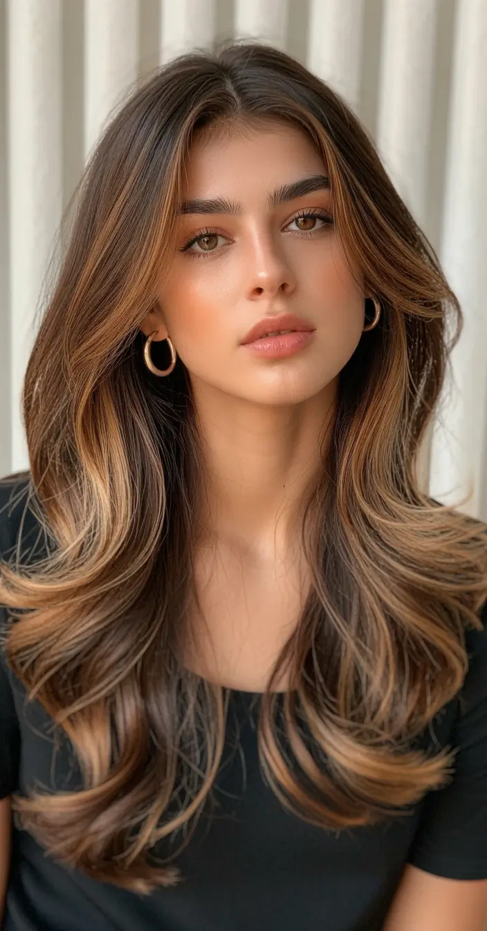 dark brown hair color 2026 Golden Caramel Balayage