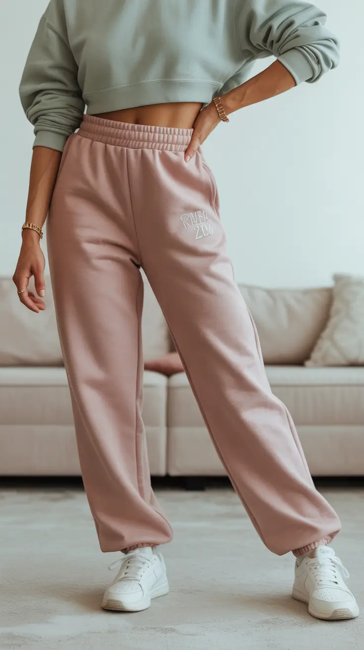 gym-outfit-ideas-2026 Warm Blush Sweatpants With Muted Sage Contrast
