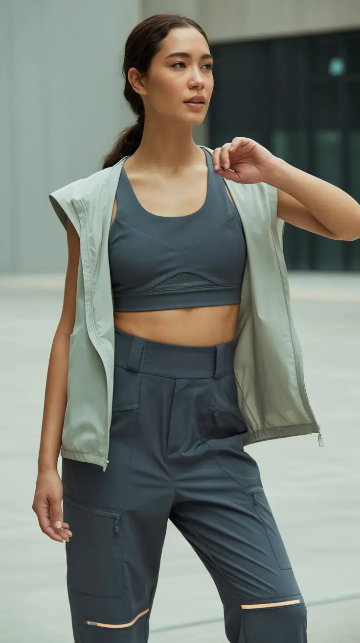 gym-outfit-ideas-2026 Charcoal Utility Cargo Set With a Sleek Sports Bra