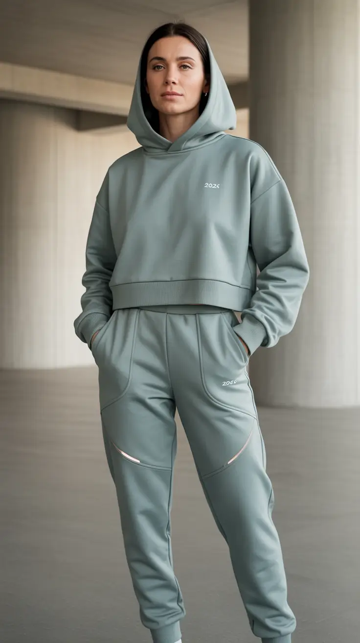 gym-outfit-ideas-2026 Sage-Toned Hoodie Set With Futuristic Stitching