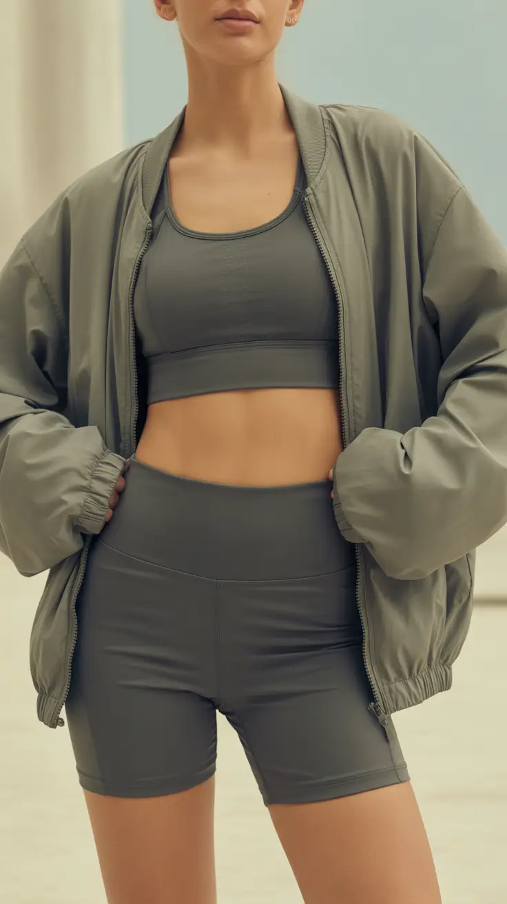 gym-outfit-ideas-2026 Matte Charcoal Set With an Oversized Bomber