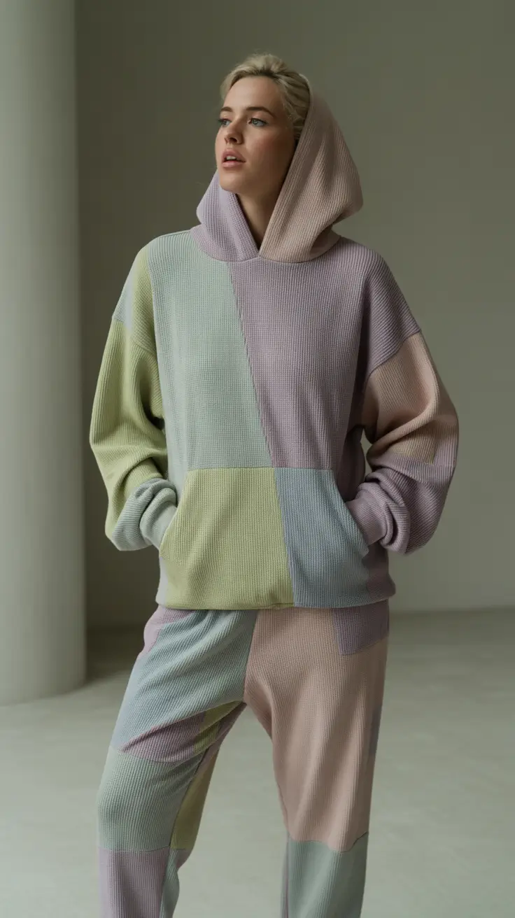 gym-outfit-ideas-2026 Pastel Patchwork Lounge Set With Soft Geometry