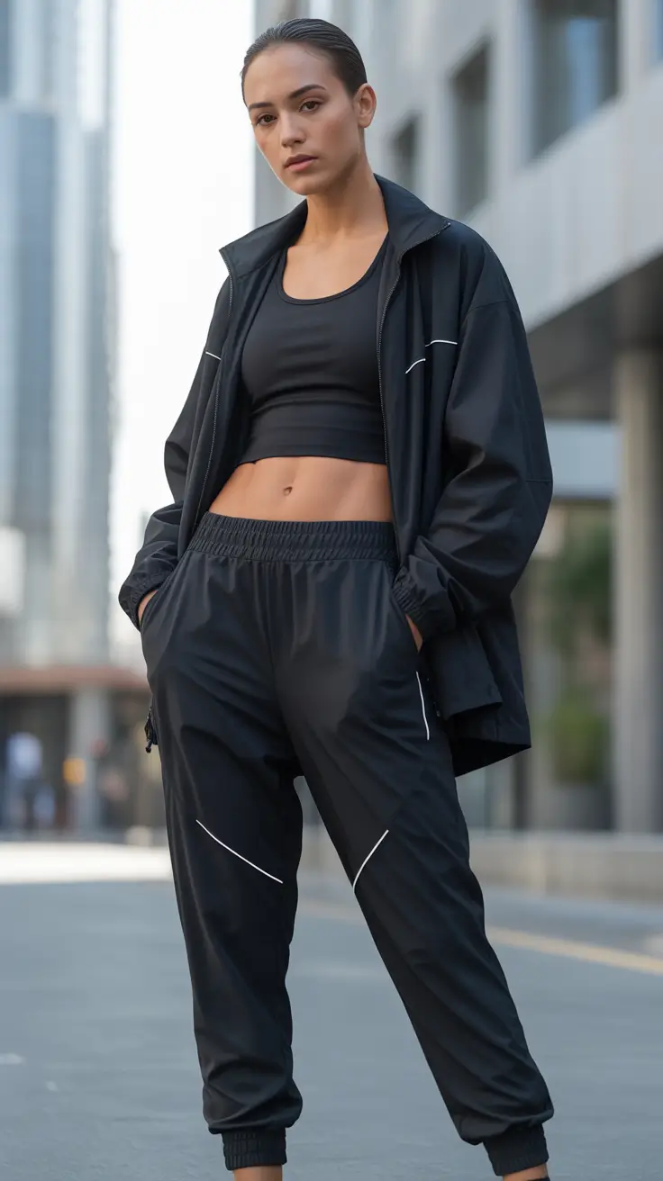gym-outfit-ideas-2026 Midnight Black Performance Set With Reflective Lines