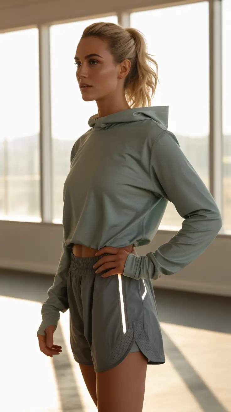 gym-outfit-ideas-2026 Soft Sage Hoodie With Ventilated Runner Shorts