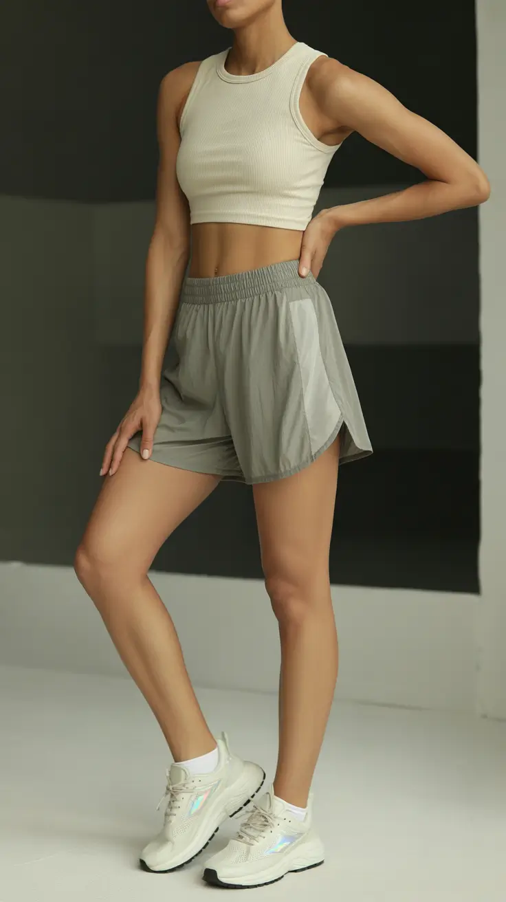 gym-outfit-ideas-2026 Breezy Neutral Tank and Lightweight Runner Shorts