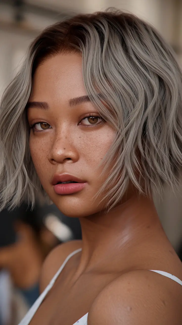 21 Best hair color for brown skin 2026 Frosted Silver Bob