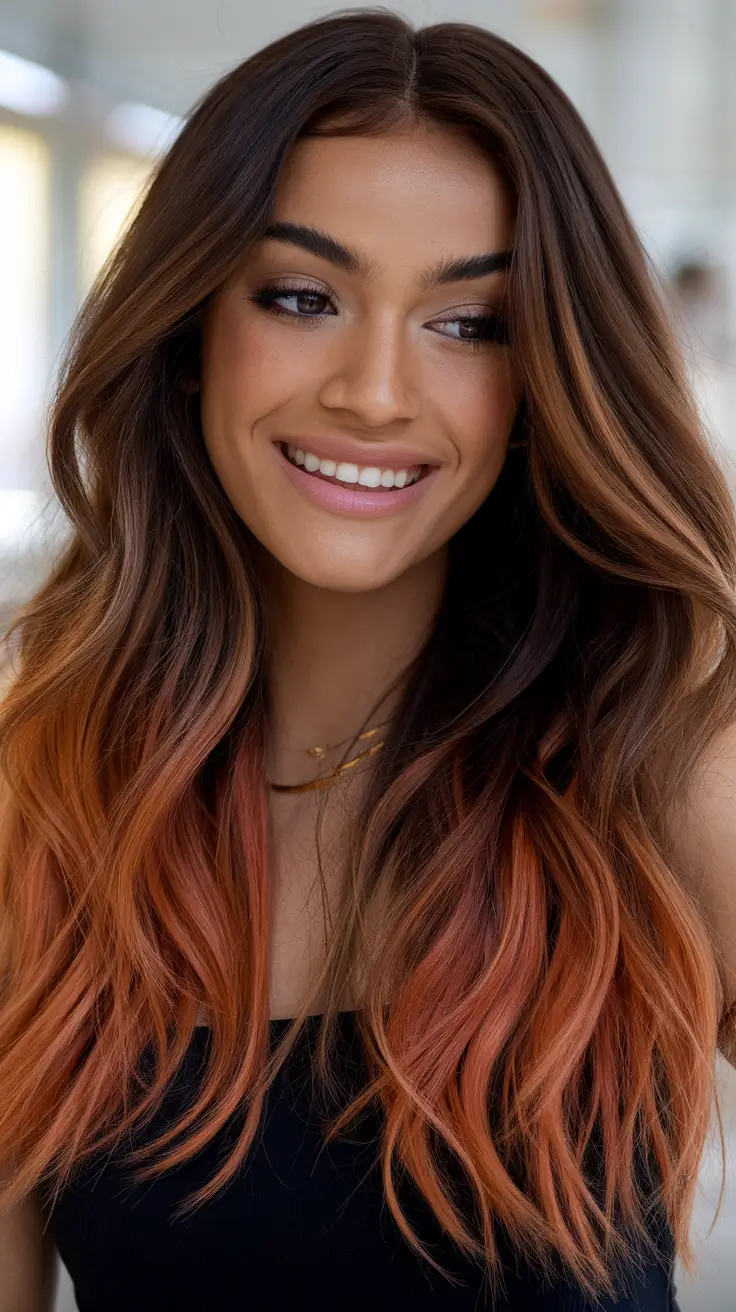 21 Best hair color for brown skin 2026 Burnt Peach Ombre