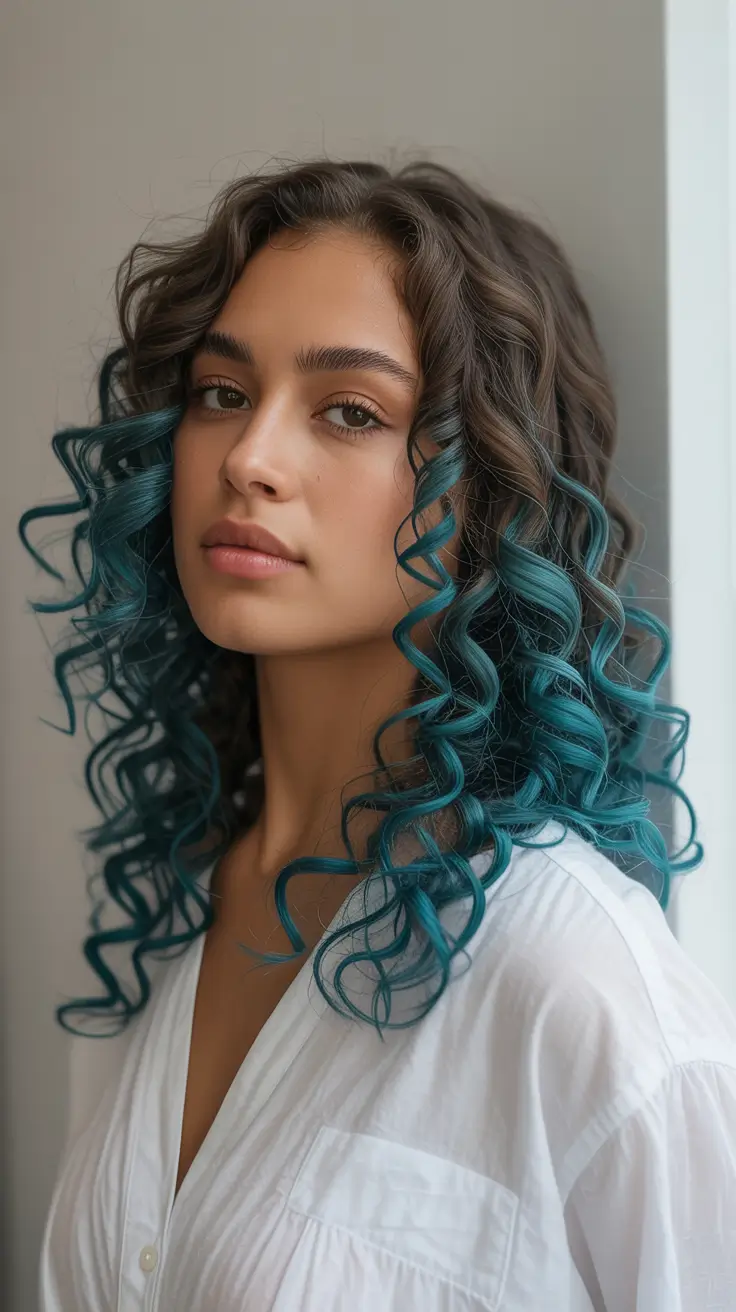 Best hair color for tan skin 2026 Teal-Tipped Curls