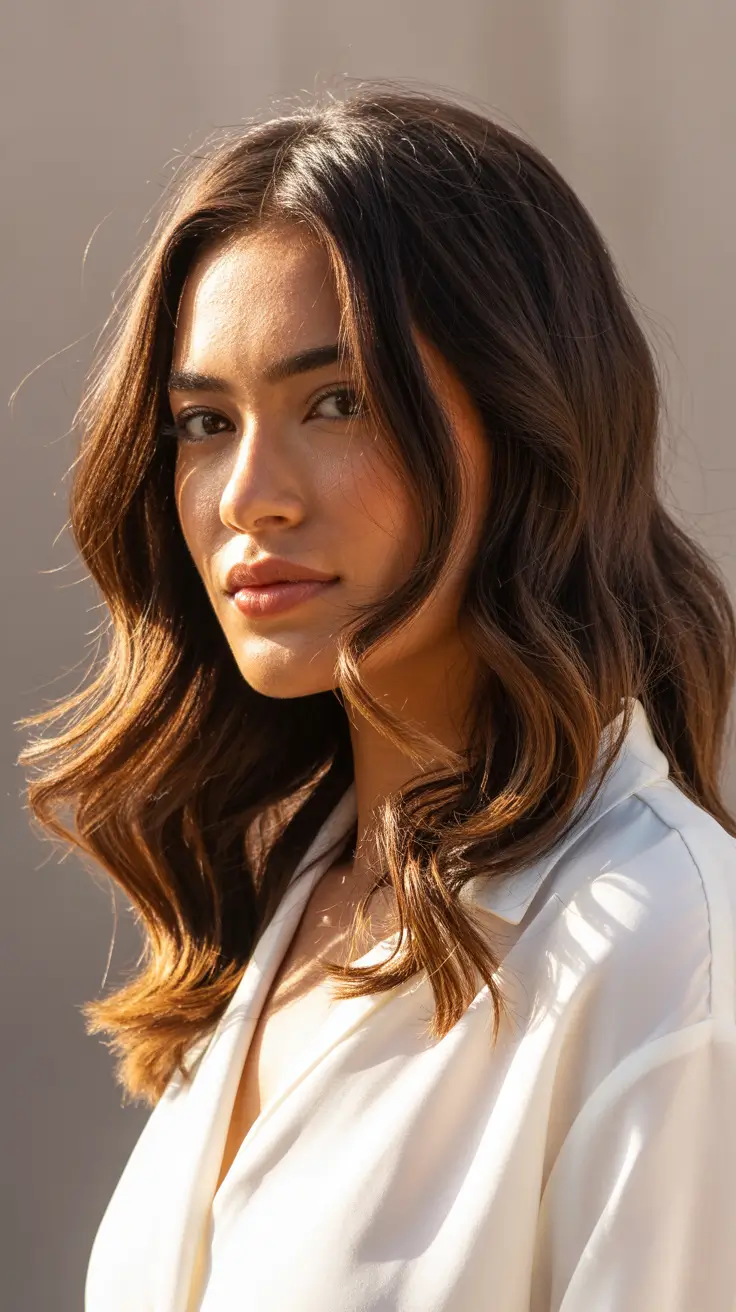 Best hair color for tan skin 2026 Golden Chestnut Waves