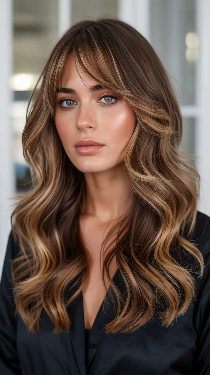 solid brown Bronde Balayage with Bangs