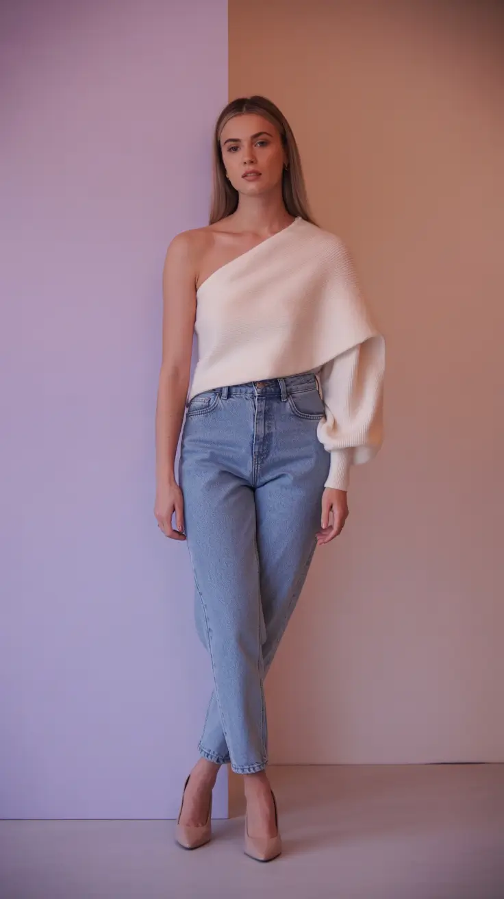 Jeans outfit inspiration 2026 One-Shoulder Elegance With Soft Denim Contrast