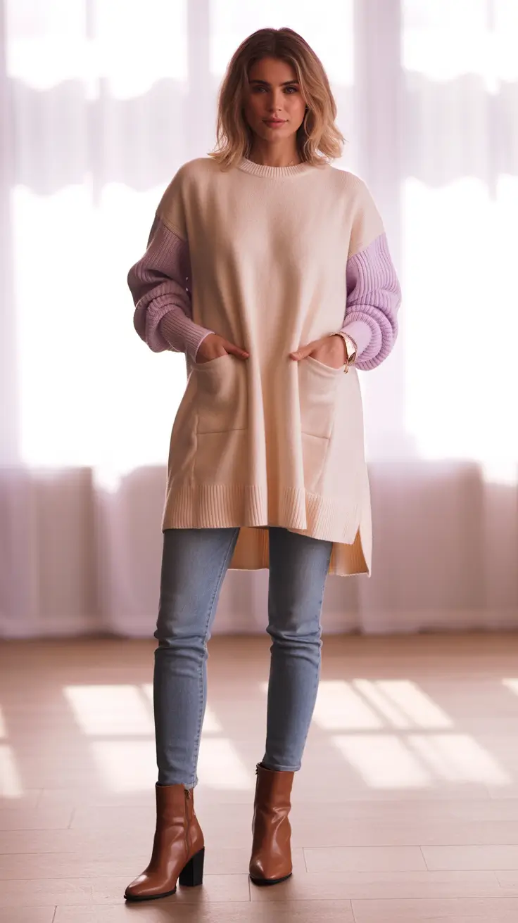 Jeans outfit inspiration 2026 Soft Color Blocking With a Cozy Oversized Knit