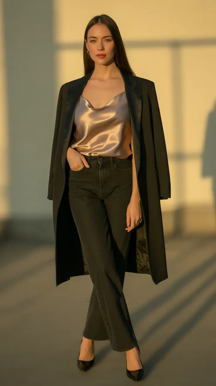 Jeans outfit inspiration 2026 Evening Gloss With Sharp Black Denim Lines