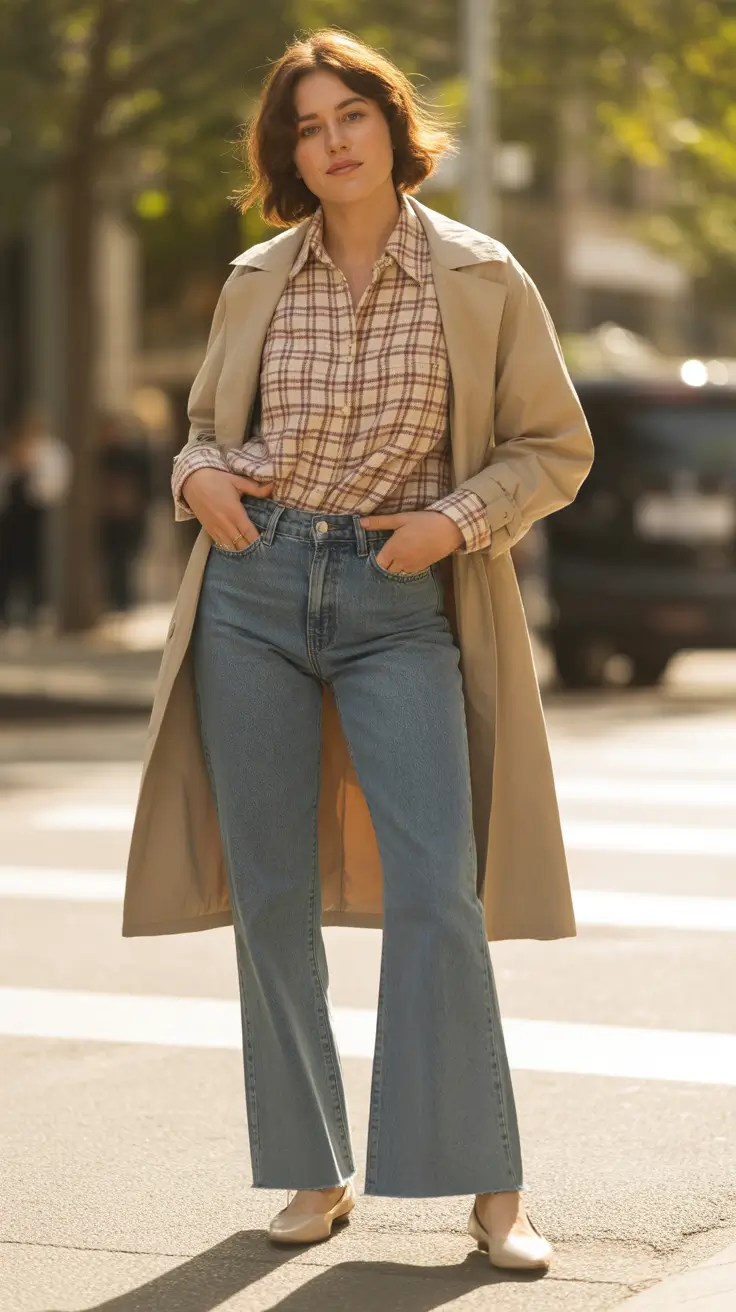Jeans outfit inspiration 2026 Chic Checkered Layers for Transitional Days