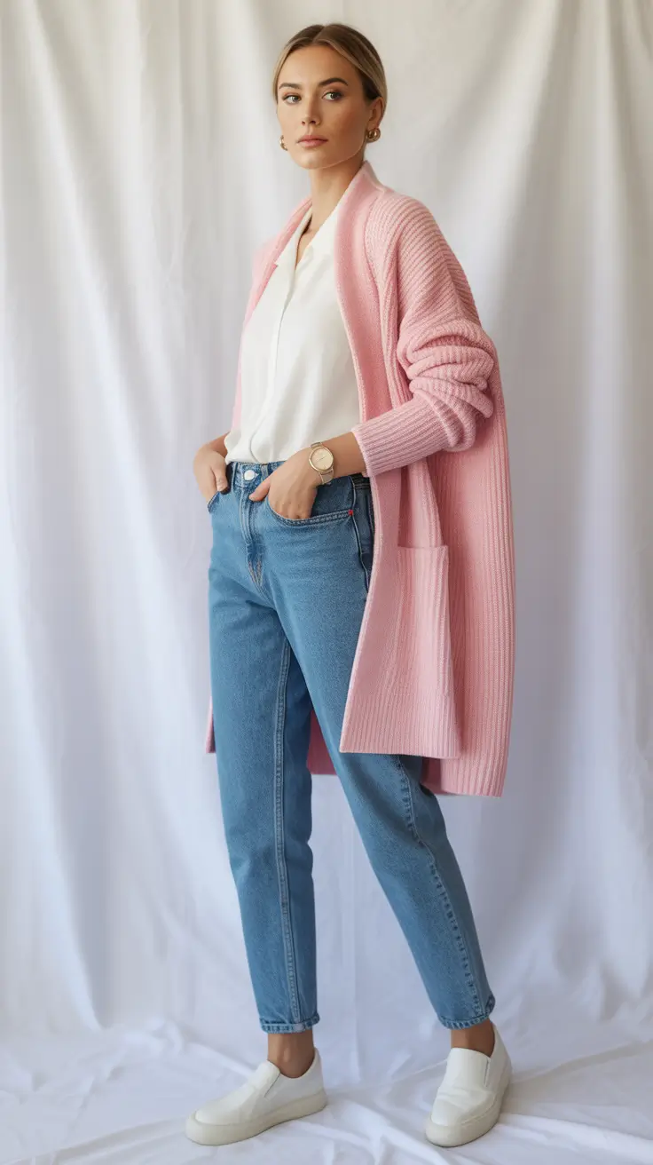 Jeans outfit inspiration 2026 Soft Cardigan Comfort with Clean Denim Lines