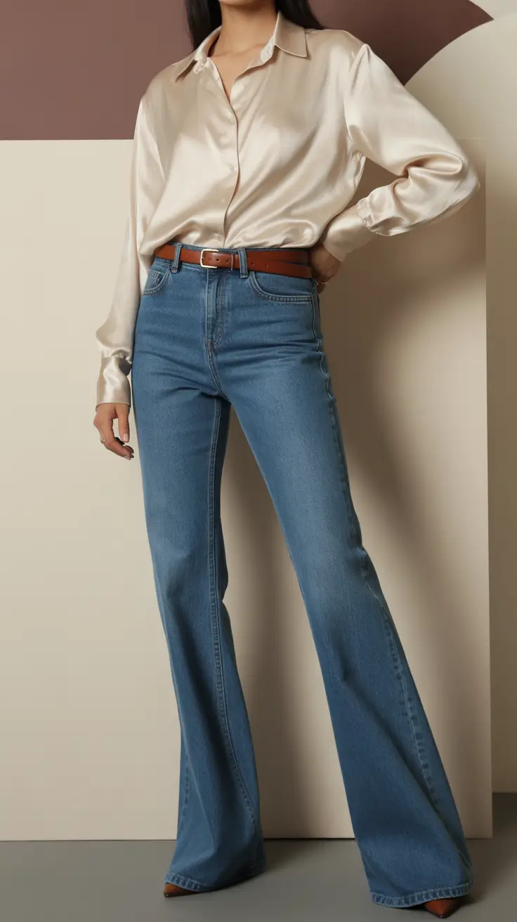 Jeans outfit inspiration 2026 Satin Shine Meets Vintage Denim Curves