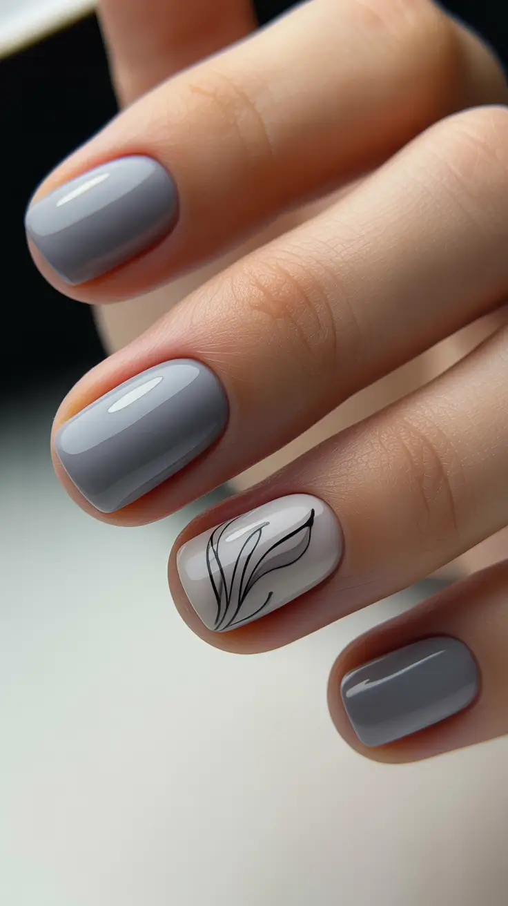 Simple Gray Floral Nail Art December 2025