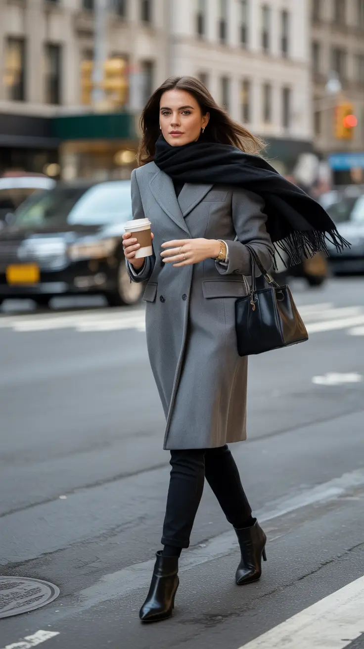 Winter cold weather street styles casual City Sleek – Gray Coat and Black Details