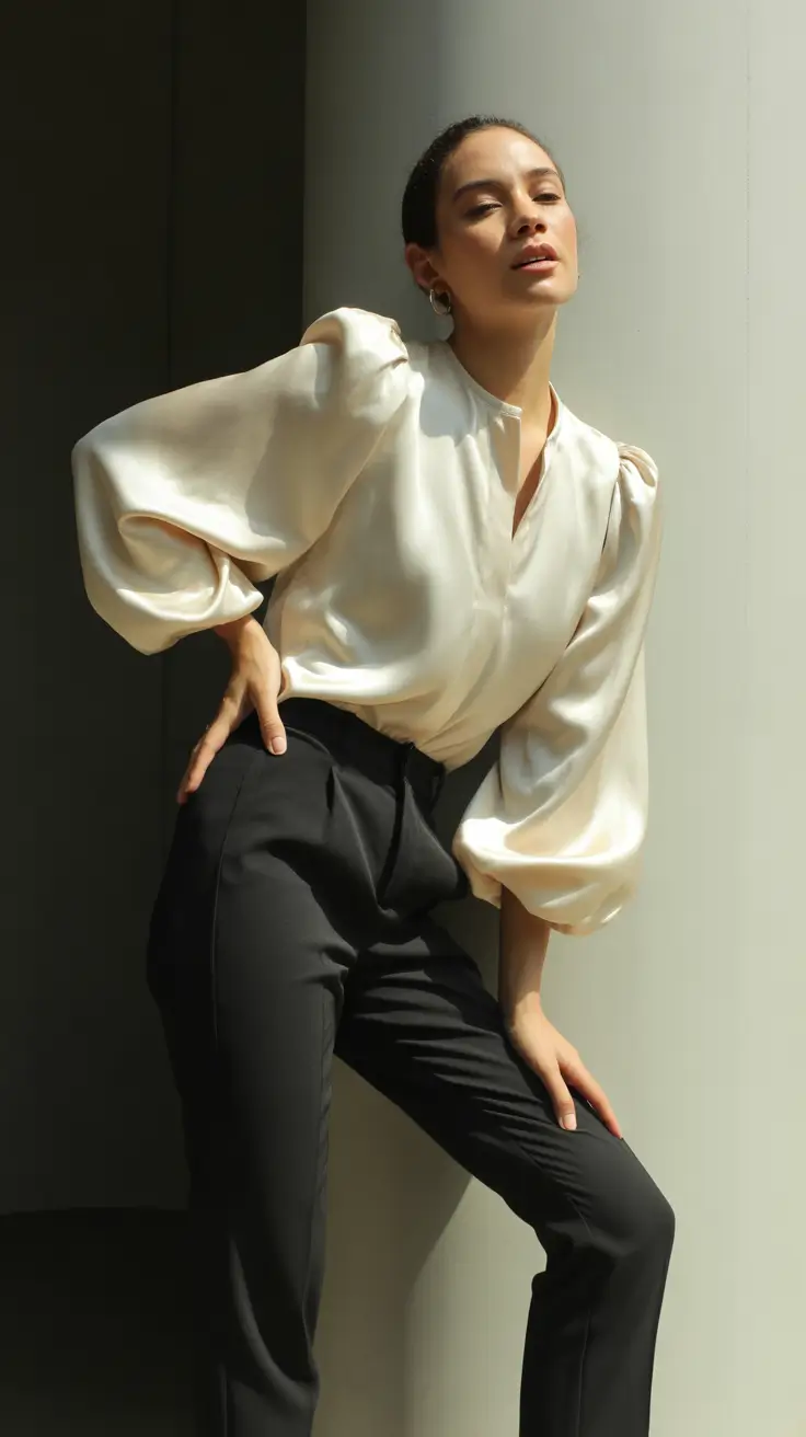 Office outfit inspiration for work 2026 Satin-Volume-and-Tailored-Ease