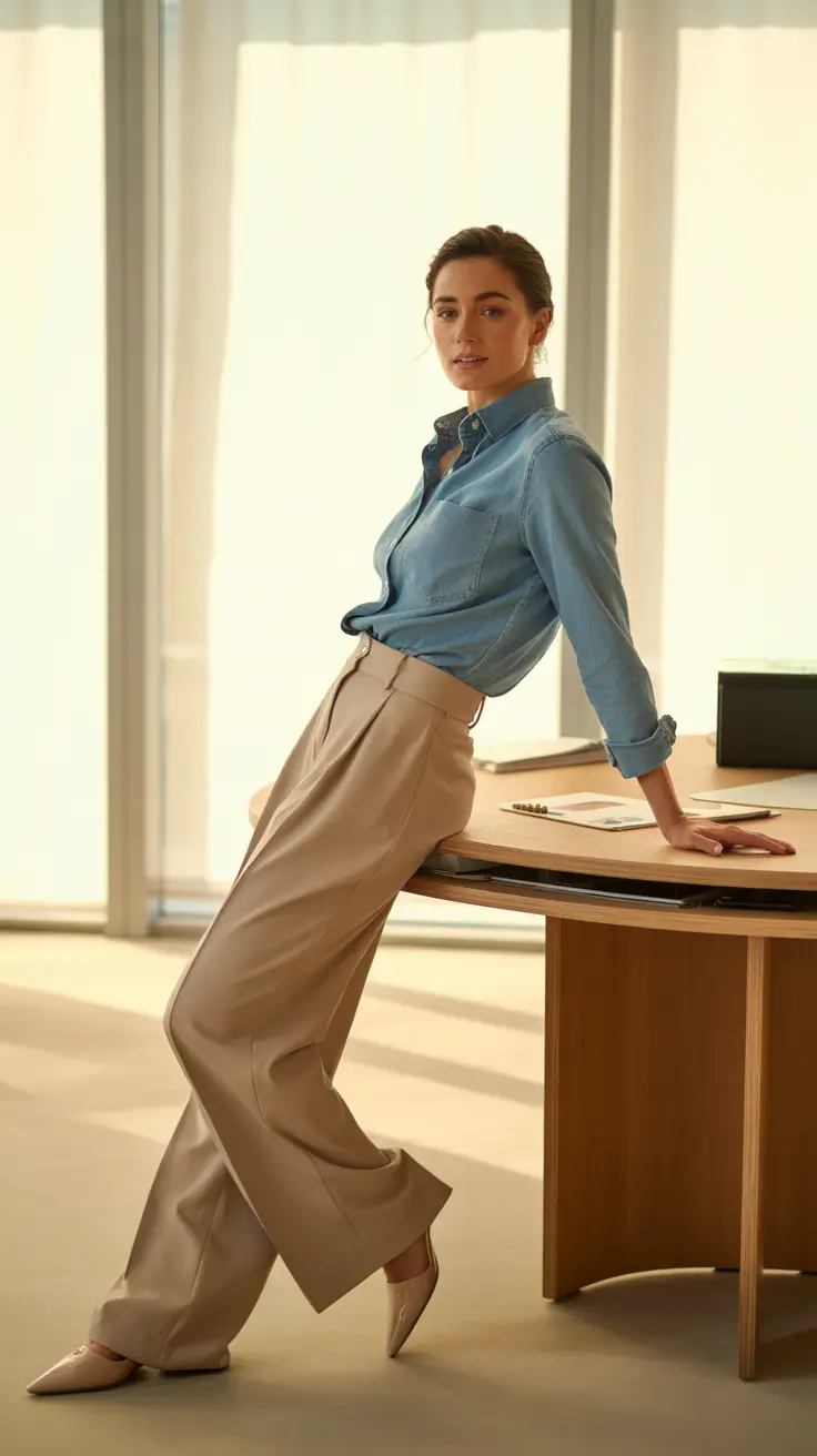 Office outfit inspiration for work 2026 Chambray-Shirt-and-Tailored-Sand-Trousers