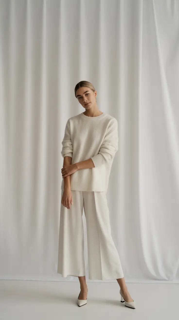 Office outfit inspiration for work 2026 Monochrome-Knit-and-Wide-Leg-Minimalism