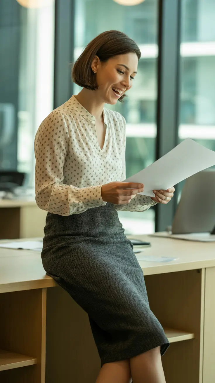 Office outfit inspiration for work 2026 Patterned-Blouse-and-Tailored-Pencil-Skirt