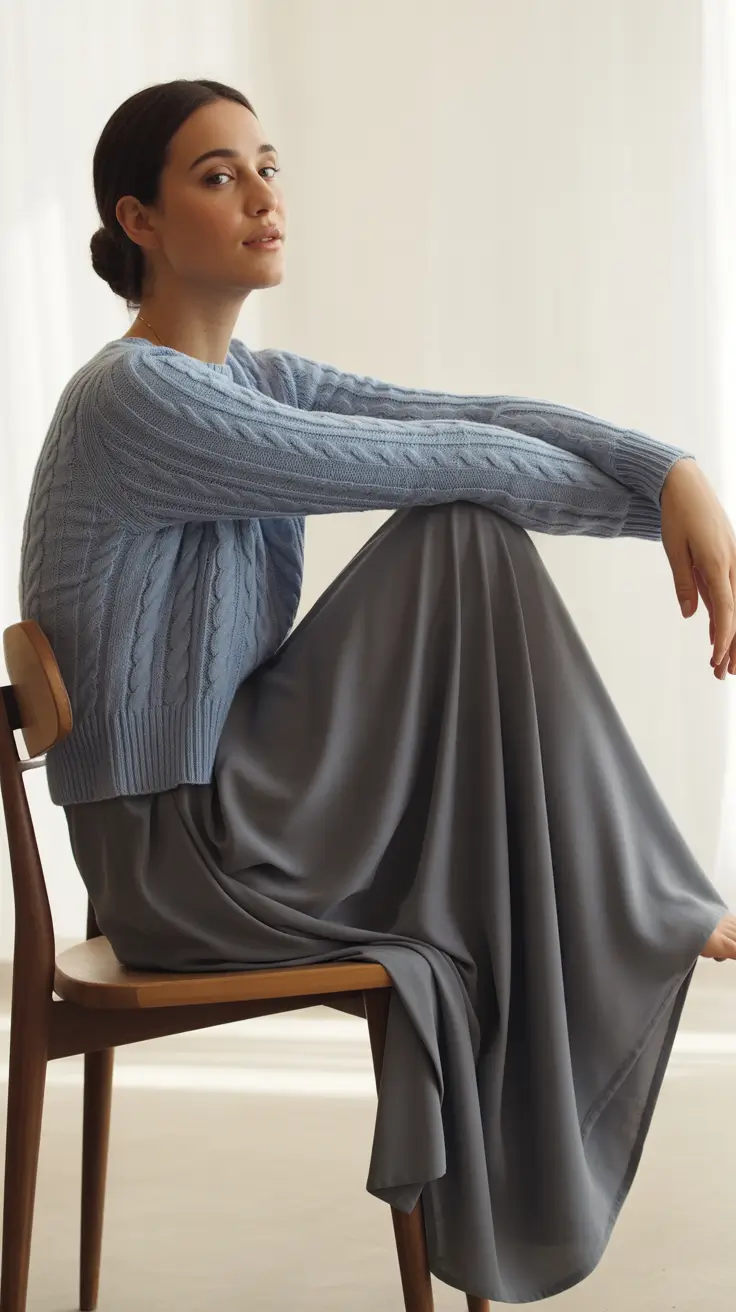 Office outfit inspiration for work 2026 Cable-Knit-Soft-Blue-and-Flowing-Charcoal-Skirt