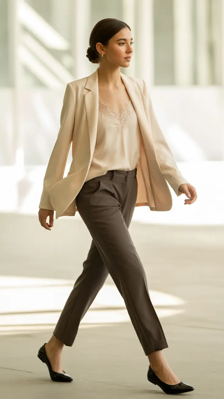 Office outfit inspiration for work 2026 Blush-Camisole-Tailored-Blazer-and-Charcoal-Slim-Trousers