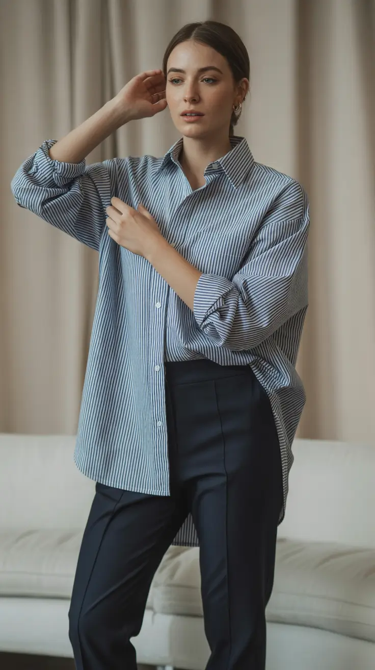 Office outfit inspiration for work 2026 Oversized Striped Shirt with Tailored Navy Trousers