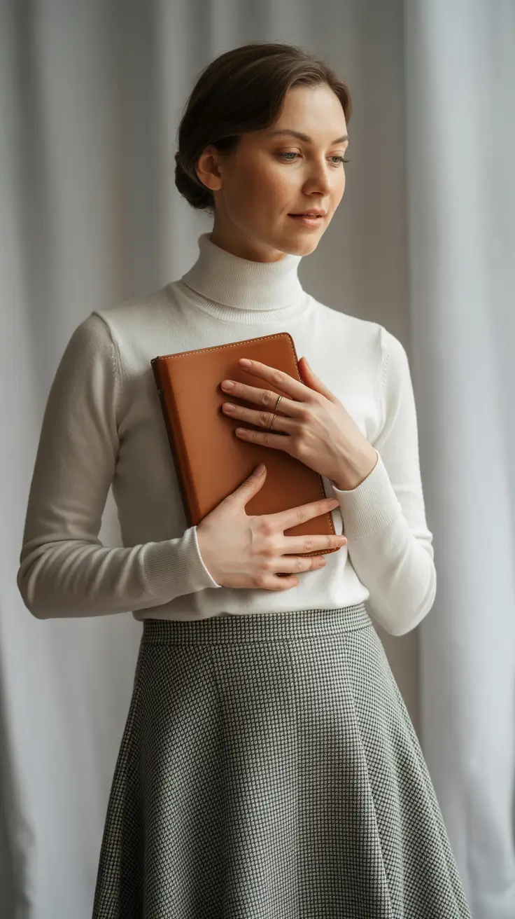 Office outfit inspiration for work 2026 Soft Turtleneck with a Textured Midi Skirt