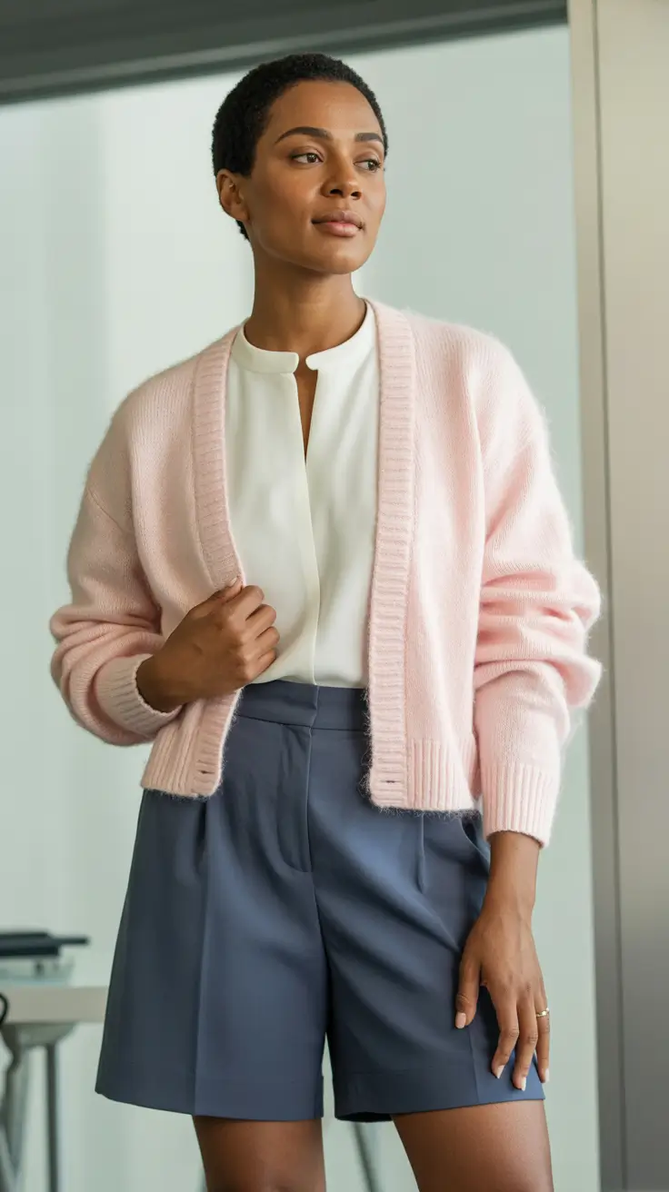 Office outfit inspiration for work 2026 Pastel Cardigan with Tailored Shorts