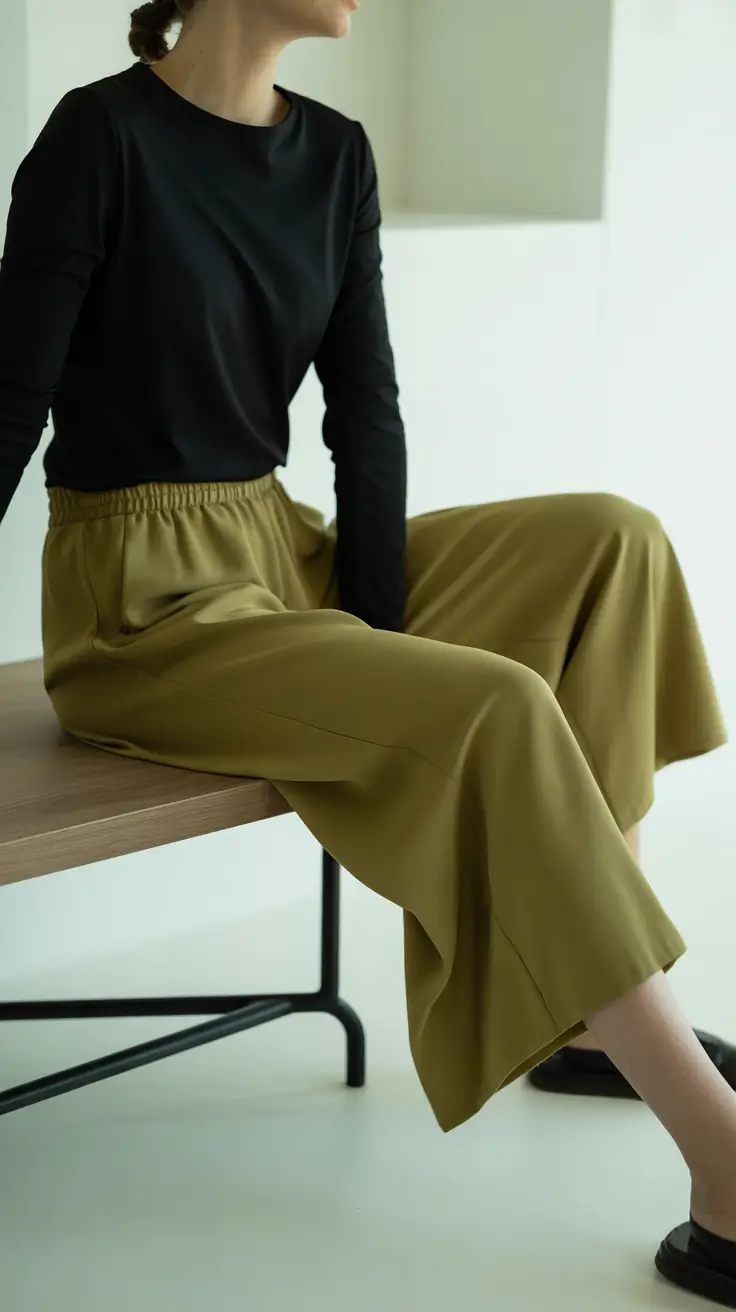 Office outfit inspiration for work 2026 Soft Black Top with Wide Olive Trousers