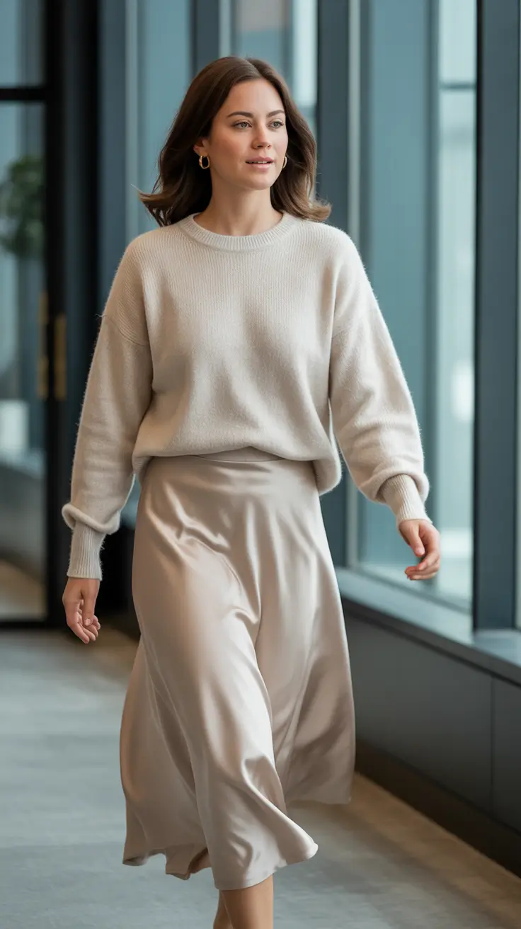 Office outfit inspiration for work 2026 Cozy-Knits-and-Flowing-Satin