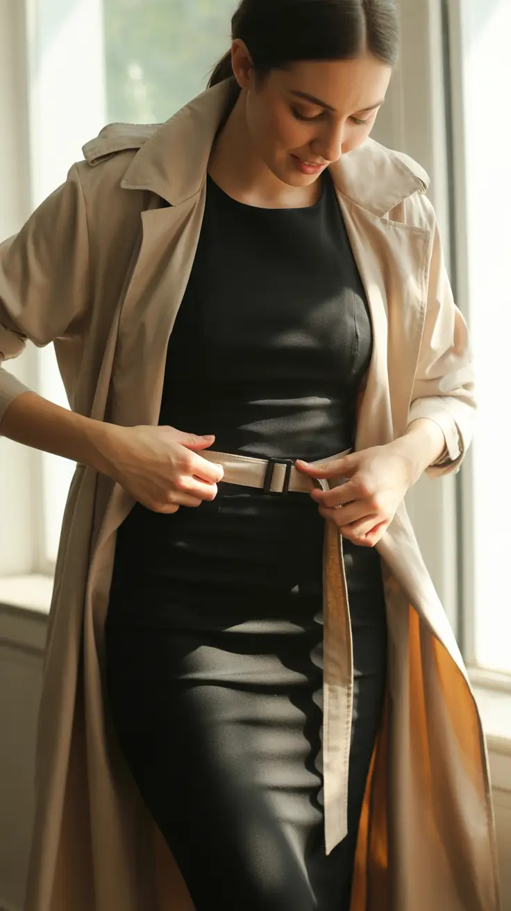 Office outfit inspiration for work 2026 Minimalist-Black-Dress-and-Trench-Layer