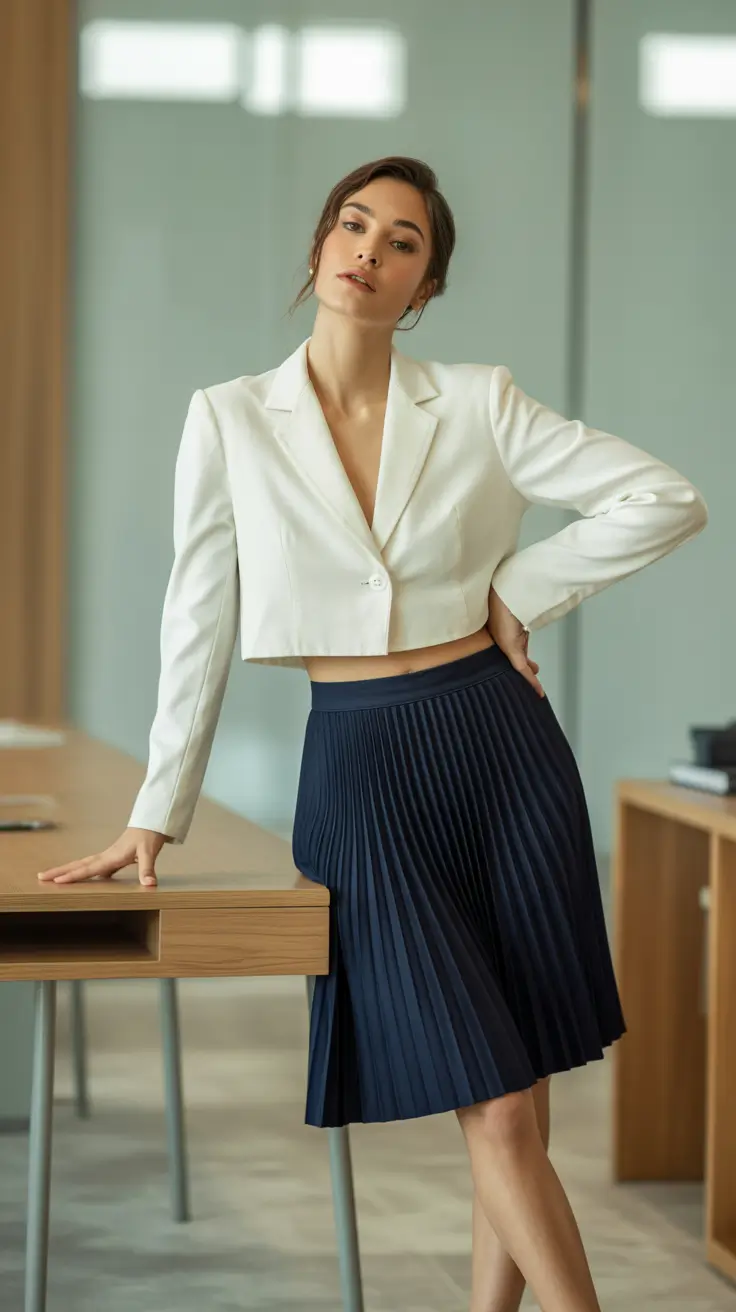Office outfit inspiration for work 2026 Cropped-Blazer-and-Pleated-Navy-Midi