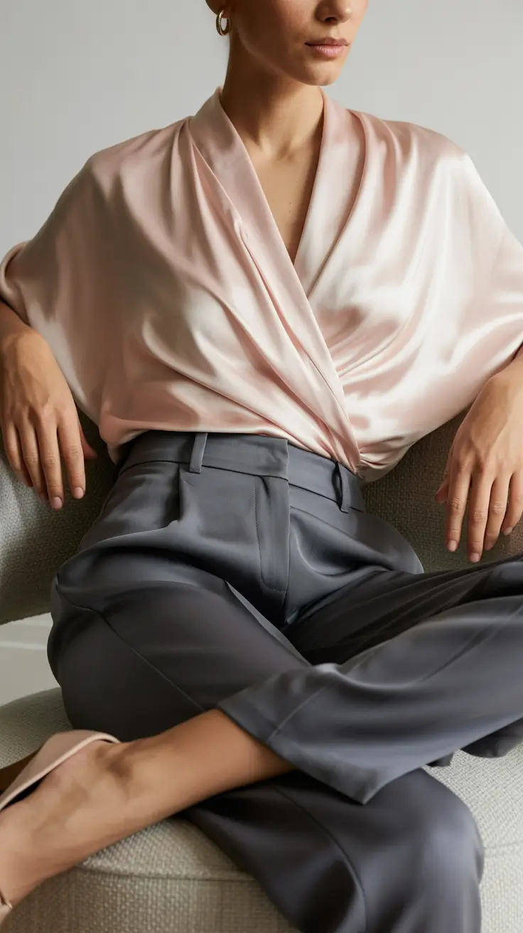 Office outfit inspiration for work 2026 Soft-Satin-Wrap-Top-and-Smoky-Tailored-Trousers