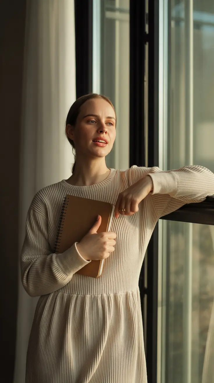 Office outfit inspiration for work 2026 Textured-Knit-Dress-in-Soft-Neutrals